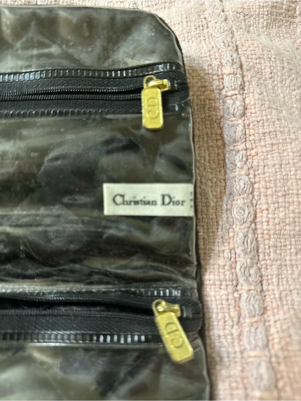 Vintage Christian Dior green and Gold Striped Satin Jewelry travel pouch.